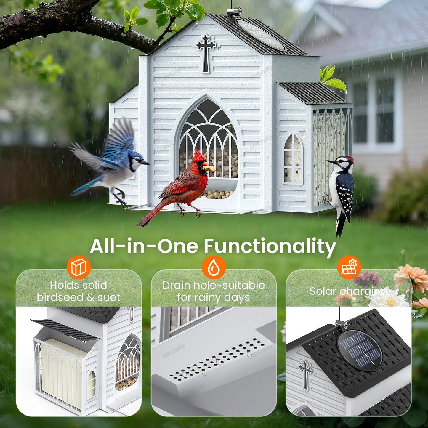 Solar Powered Church-Shaped Metal Bird Feeder