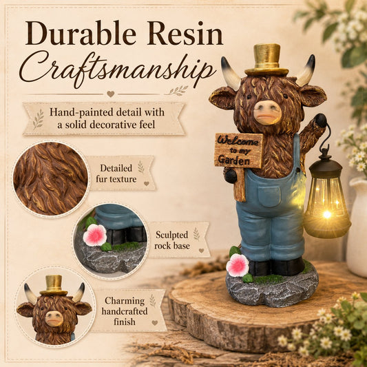 Highland Cow Garden Lantern Statue – Solar Glow, Farmhouse Charm, Welcome Sign 🐮🧡