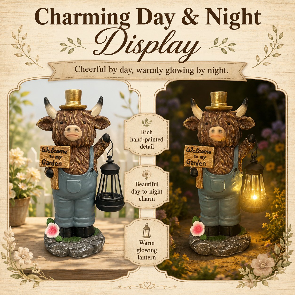 Highland Cow Garden Lantern Statue – Solar Glow, Farmhouse Charm, Welcome Sign 🐮🧡
