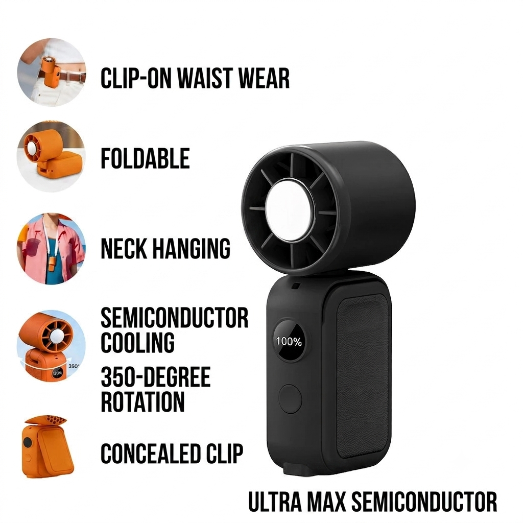 5-in-1 Portable Cooling Fan – Wearable, Rechargeable, LED Display