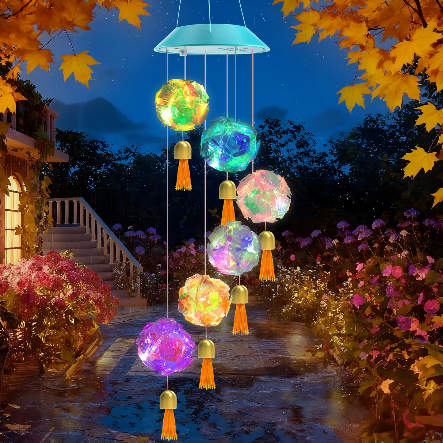 Solar Hydrangea Ball Wind Chime – 7 Color Changing Lights, IP65 Waterproof 🌸🔮