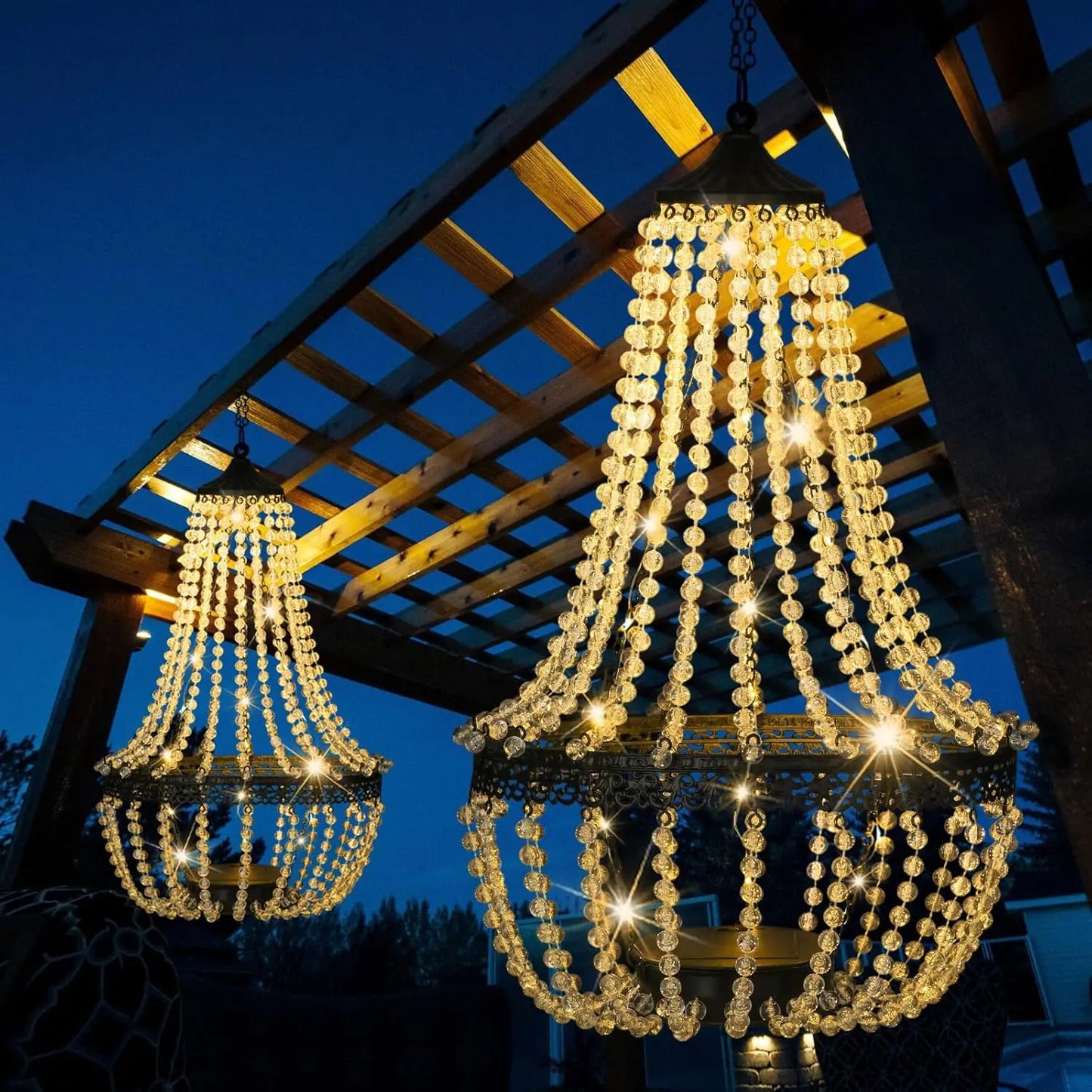 28" Hanging Solar Chandelier – Clear Crystal Acrylic, 30 Warm White LED Lights 💡✨