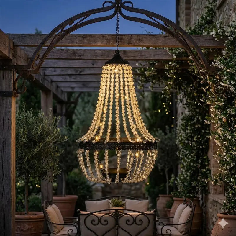 28" Hanging Solar Chandelier – Clear Crystal Acrylic, 30 Warm White LED Lights 💡✨