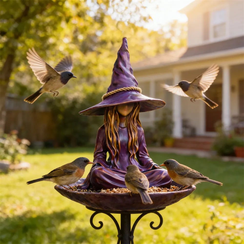 Meditating Witch Bird Feeder – Hand-Painted Resin, Jute Rope, Garden Art 🧙🐦