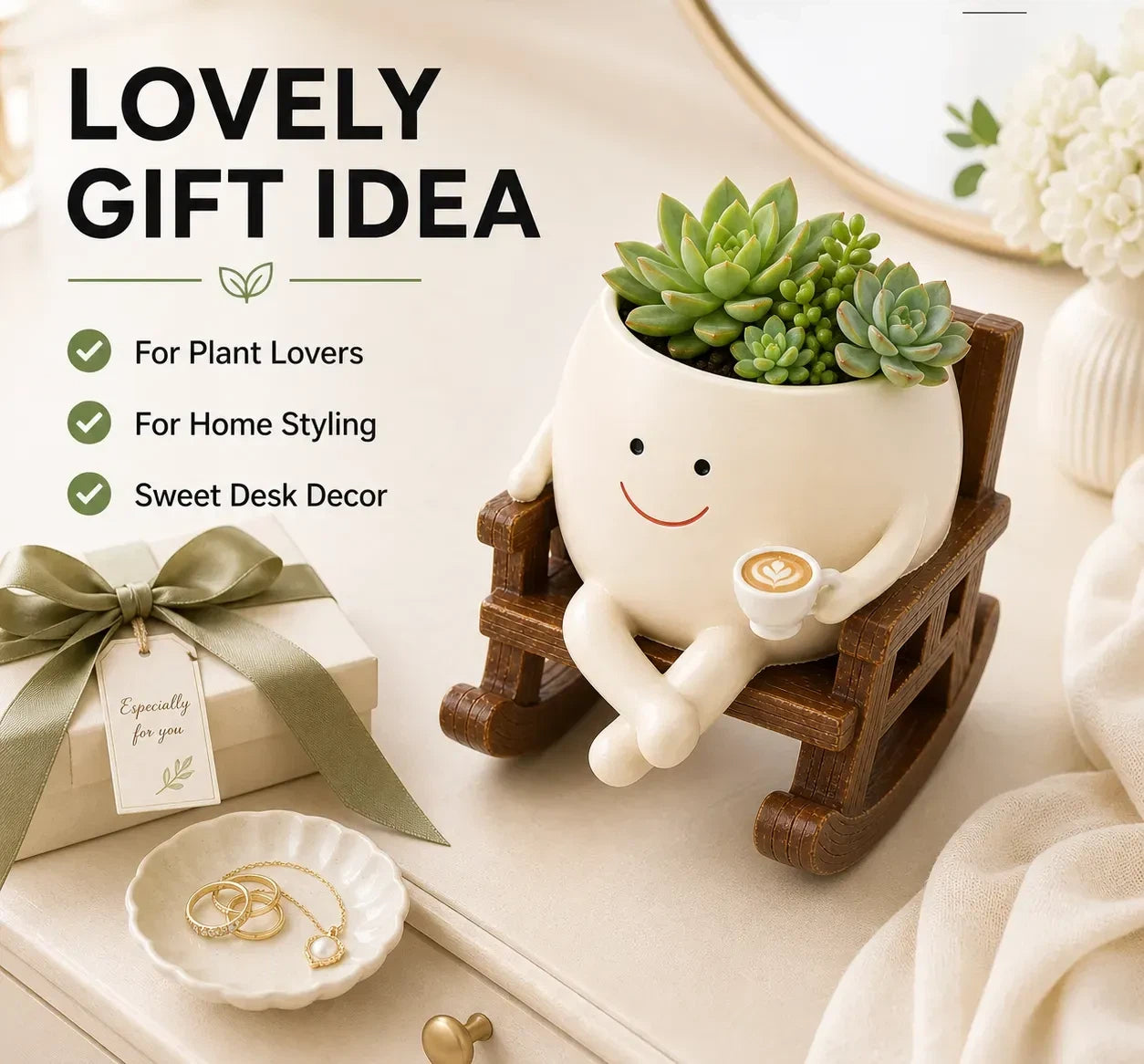 Rocking Chair Flower Pot – Creamy White Resin Planter for Succulents 🪴🪑